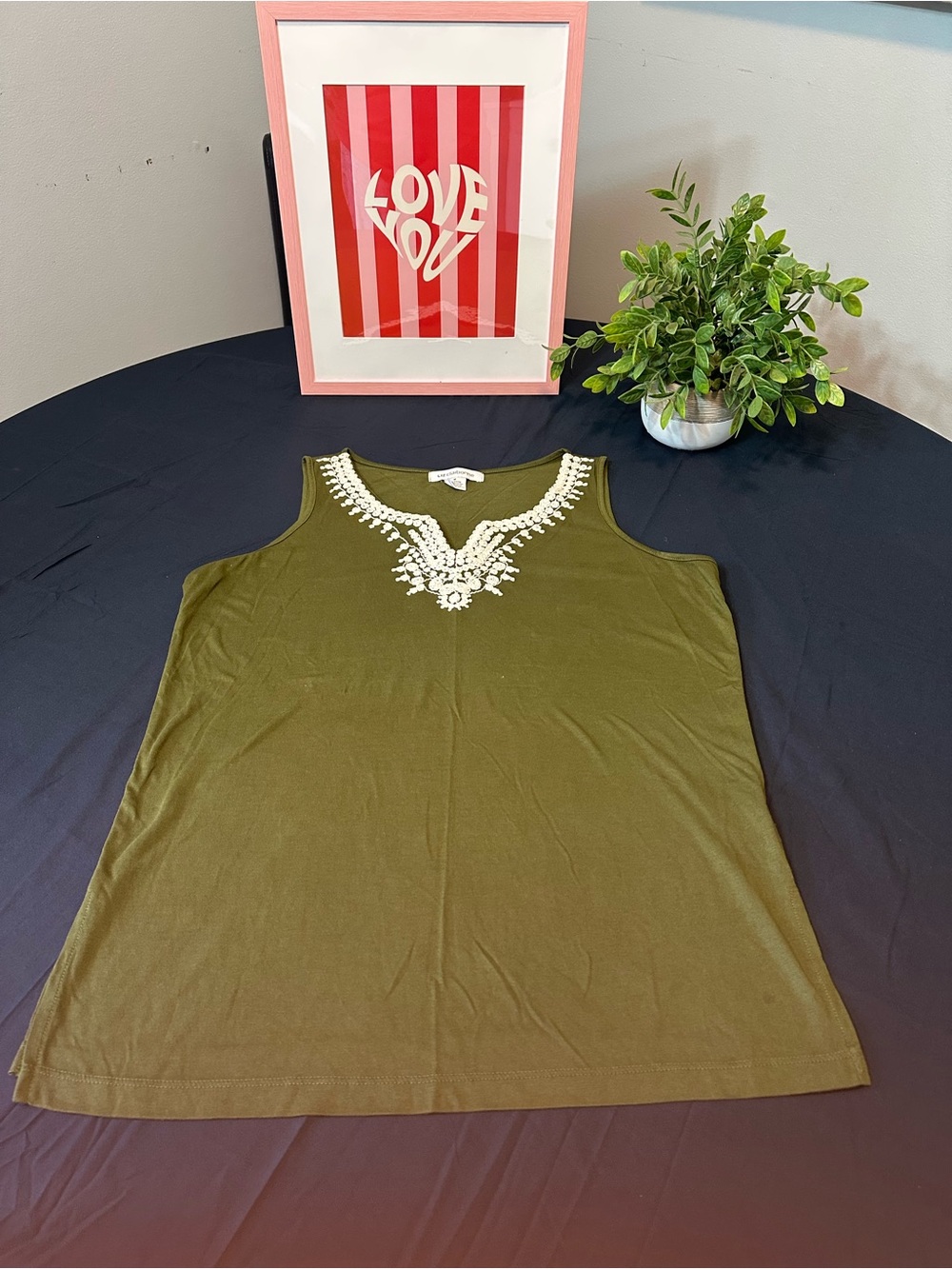 Liz Claiborne Olive Green Tank with White Embroidery